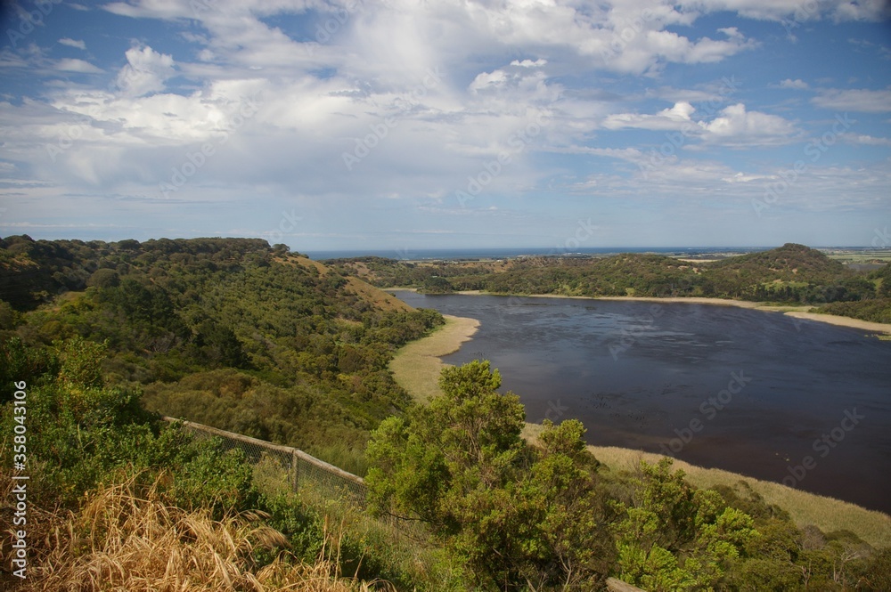 Obraz premium A view across the lake at Tower Hill Wildlife Reserve, Victoria, Australia. 