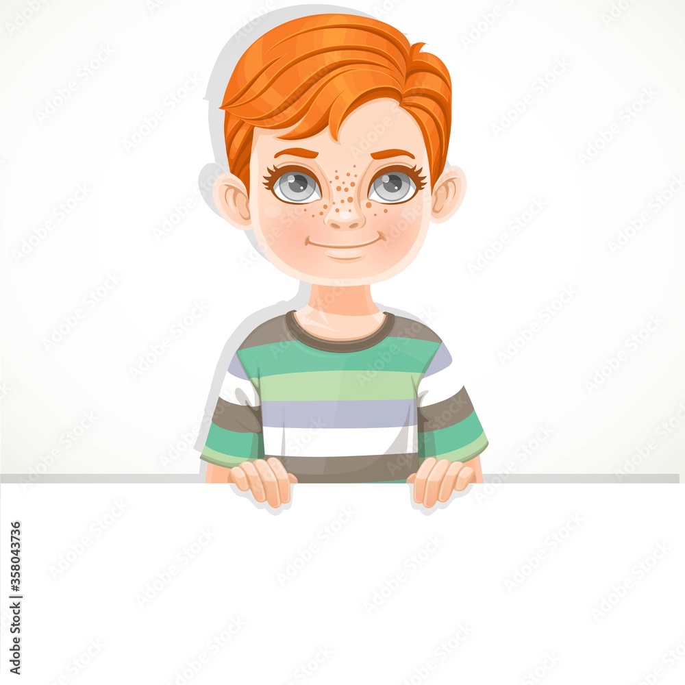Cute red haired boy holds large white horizontal banner on a white background Cute red haired boy holds large white horizontal banner on a white background