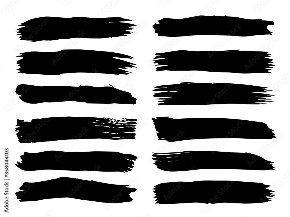 Collection of artistic grungy black paint hand made creative brush stroke set isolated on white background. A group of abstract grunge sketches for design education or graphic art decoration Collection of artistic grungy black paint hand made creative brush stroke set isolated on white background. A group of abstract grunge sketches for design education or graphic art decoration