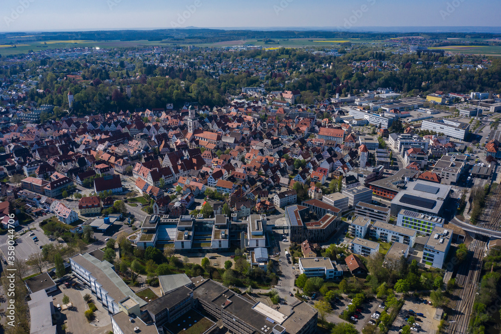 Aerial view of the city Biberach in spring during the coronavirus lockdown.
