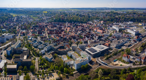 Aerial view of the city Biberach in spring during the coronavirus lockdown. 