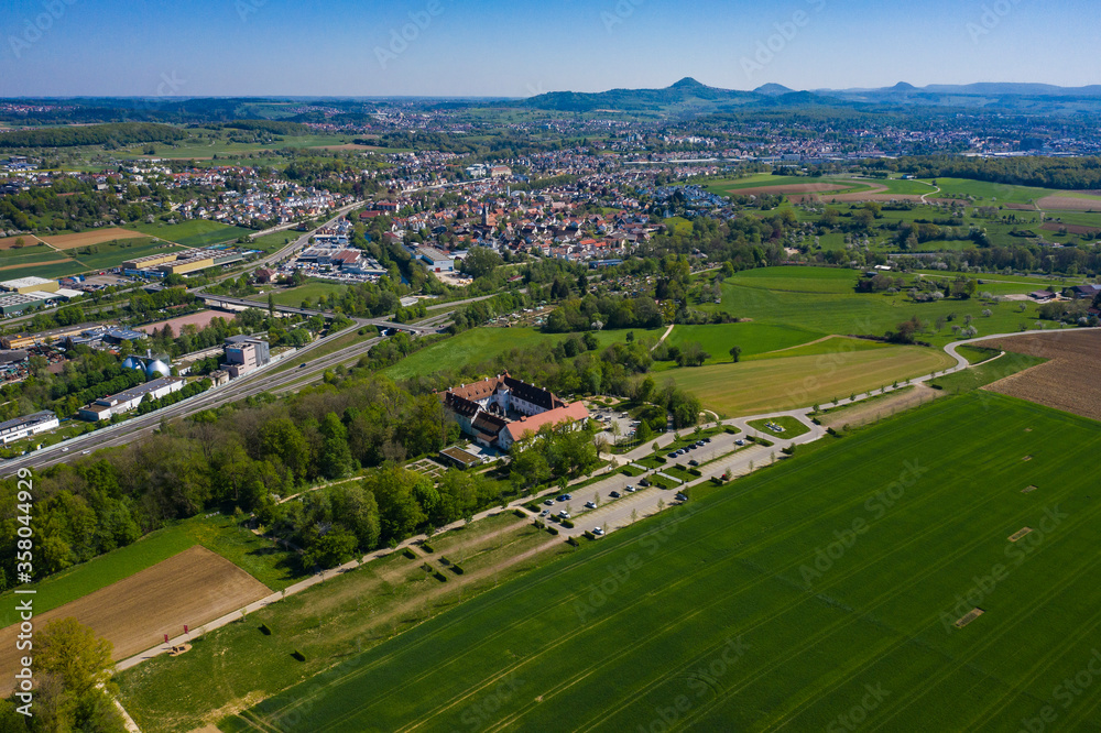 Aerial view of the city Faurndau and Uhingen in spring during the coronavirus lockdown.
