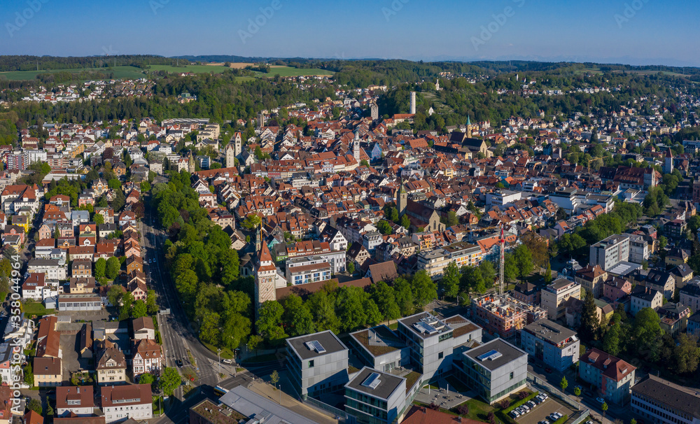Aerial view of the city Ravensburg in spring during the coronavirus lockdown.
