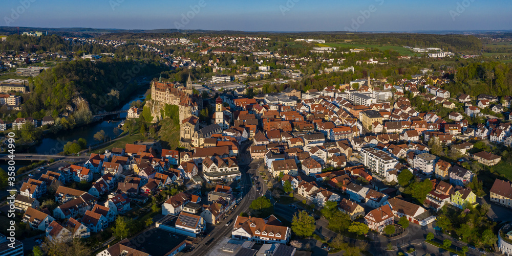 Aerial view of the city and Castle Sigmaringen on a sunny afternoon in Spring during the coronavirus lockdown.
