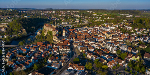 Aerial view of the city and Castle Sigmaringen on a sunny afternoon in Spring during the coronavirus lockdown. 