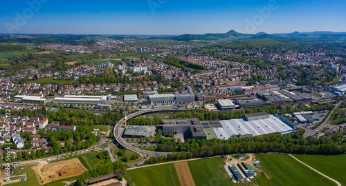 Aerial view of the city Göppingen in spring during the coronavirus lockdown. 