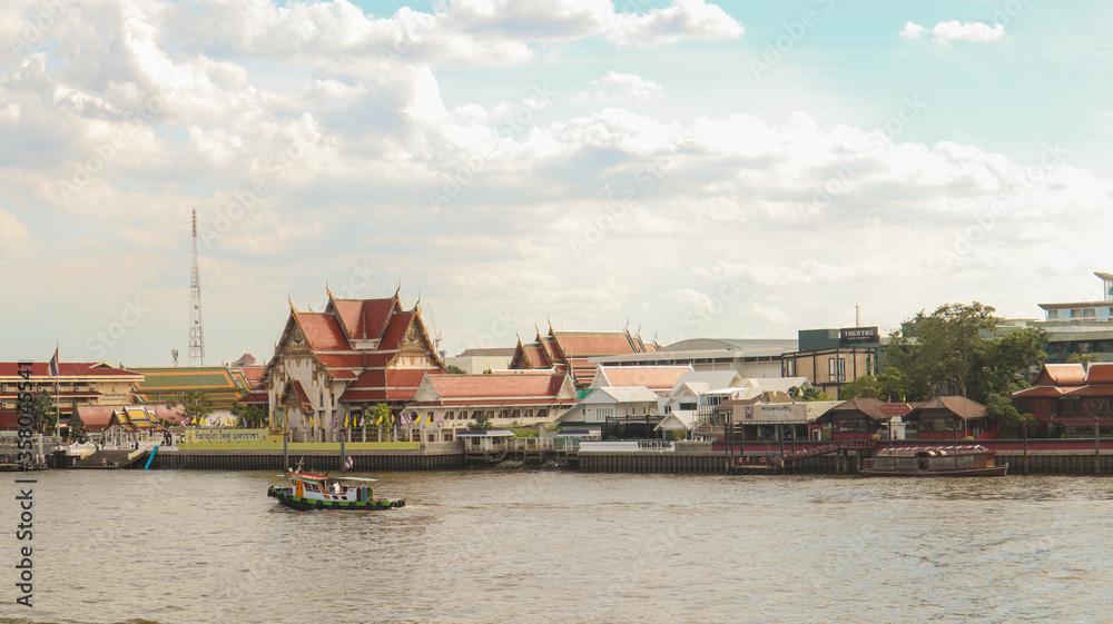 View of the boat on the river and the temple.. View of the boat on the river and the temple..