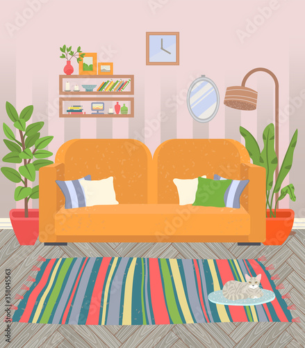 Living room vector, interior of home flat style. Sofa with pillows, houseplants in pots, lamp and mirror. Clock and shelf with books and vase flowers
