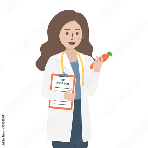 Female nutritionist, dietitian doctor with measuring tape, vegetable and clipboard. Healthy diet, weight loss and nutrition consultation concept.