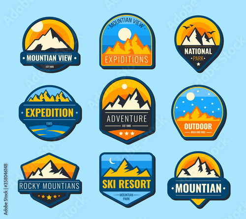 Snow mountains flat labels set. Hiking emblems and tourism logo vector illustration collection for design. Landscape, nature, park, recreation and expedition concept