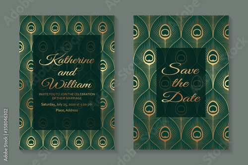 Modern luxury wedding invitation design or card templates for business or presentation or greeting with golden peacock feathers on a green background.
