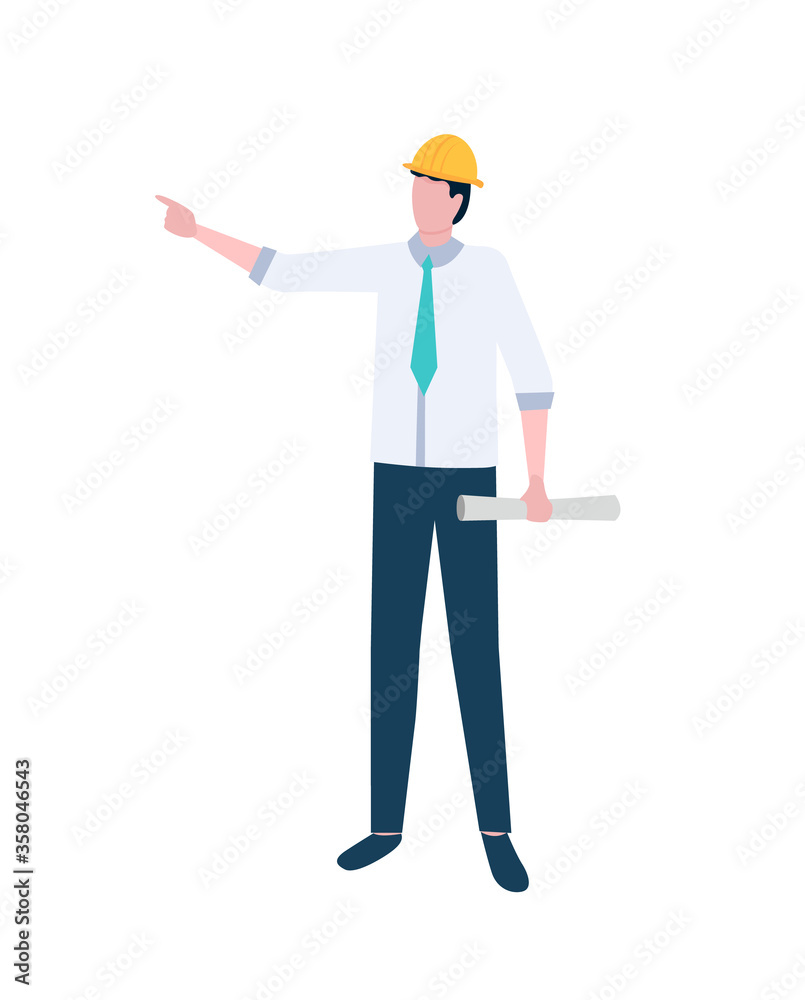 Engineer working on new project vector, man wearing helmet holding plan for new construction isolated specialist with scheme in hands. Builder architect