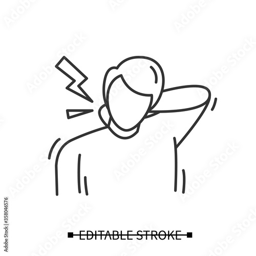 Neck pain icon. Linear pictogram of Man suffer backache, rubbing stiff neck. Concept of spinal issues, headache causes and health problems. Editable stroke vector illustration