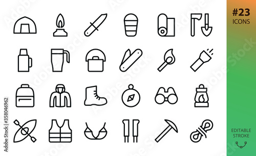 Hiking and camping isolated icons set. Set of camp tent, sleeping bag, travel mug, hiking jacket, river rafting, climbing equipment, scandinavian walking sticks, camping light, tourist jackknife icon