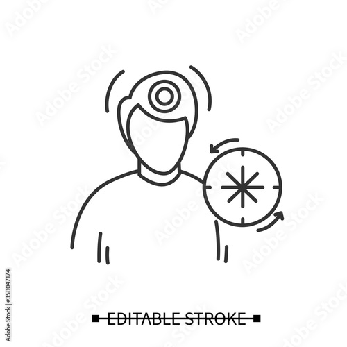 Headache icon. Male person with time circle linear pictogram. Concept of chronic, regular migraine and head ache, health problems diagnostics illustration. Editable stroke vector