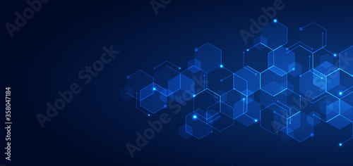 Abstract technology connect concept blue geometric hexagons pattern with glowing light on dark background