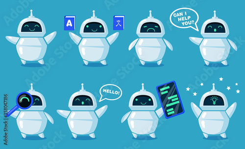 Chat bot set. Cute robot offering help, online conversation, saying hello, translation. Cartoon characters collection for chatbot, artificial intelligence or modern technology concept