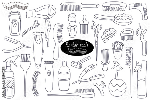 Big set of hairdressing tools. Doodle icons for barbershops. Hand drawn illustration in black ink isolated on white. Manual razor, comb, hair dryer, brushes, spray, scissors, spray, trimmer, clamps.