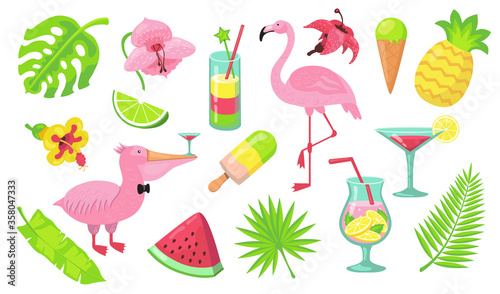 Summer beach party elements set. Tropical cocktails, Caribbean pink flamingo, Hawaiian fruits, food and palm leaves. Vector illustration for vacation in Bali, holidays, paradise concept