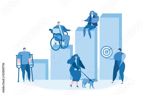 Disabled people work together.  world disability day, people on wheelchair, with prosthesis. Vector illustration for web banner, infographics, mobile, men and women with special needs 