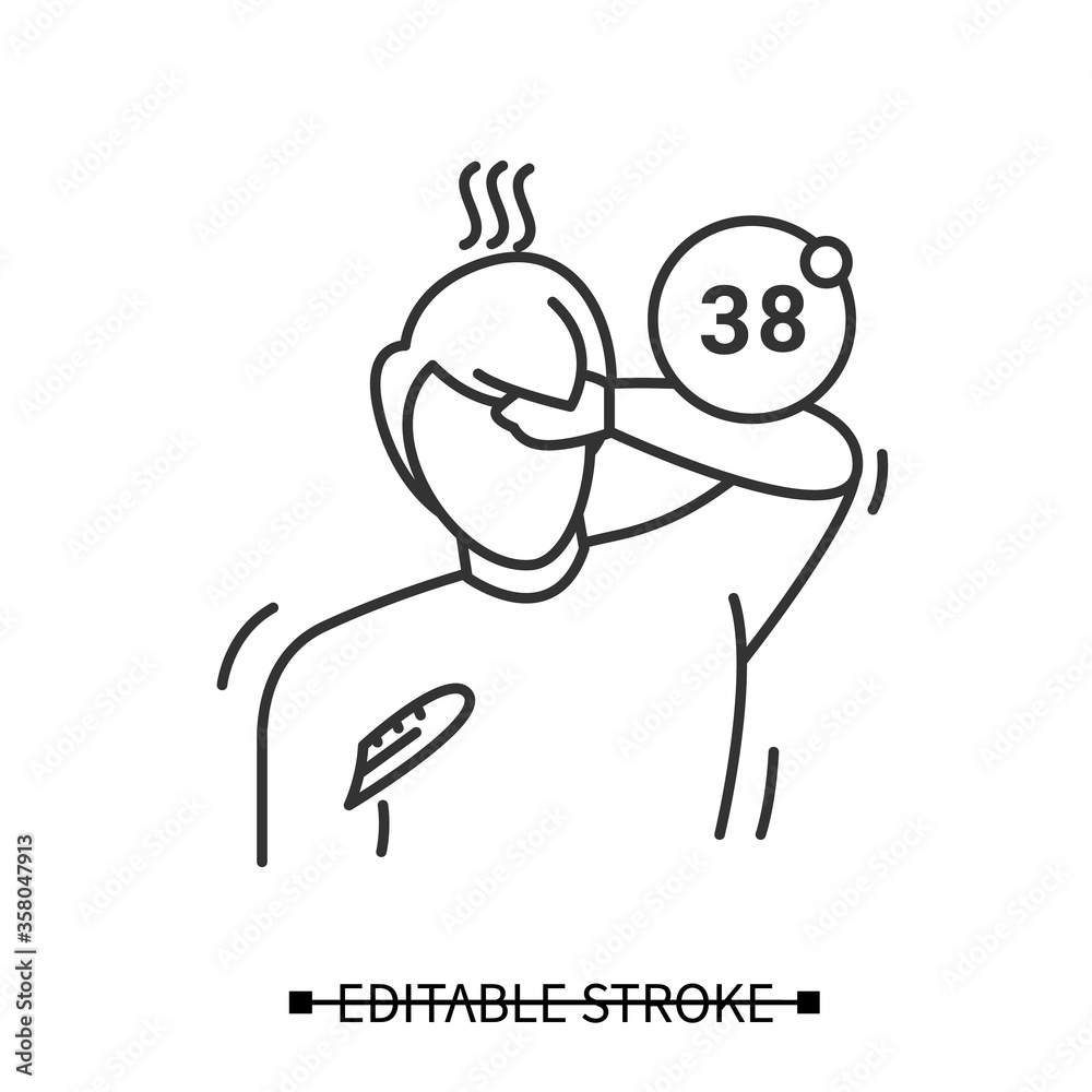 Fever icon. Linear pictogram of male person having heat and measuring body temperature. Concept of flu, sun stroke and infection corona virus disease symptoms. Editable stroke vector illustration Fever icon. Linear pictogram of male person having heat and measuring body temperature. Concept of flu, sun stroke and infection corona virus disease symptoms. Editable stroke vector illustration