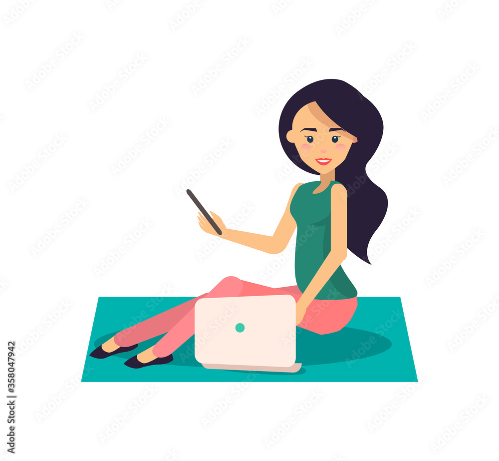 Woman working with laptop and holds smartphone in hand sitting on floor vector illustration isolated on white background. Brunette lady use wi-fi connection Woman working with laptop and holds smartphone in hand sitting on floor vector illustration isolated on white background. Brunette lady use wi-fi connection