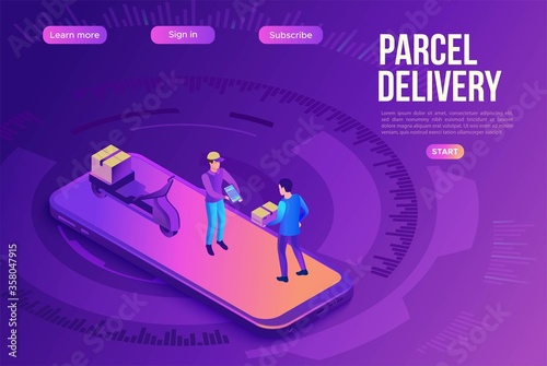 Delivery man on bike carrying parcel to client, delivering service concept, smartphone, box, online shop, logistics company, 3d isometric vector illustration