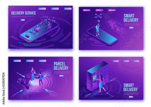 Isometric delivery service with truck at warehouse  landing page set  ui design template  smart logistics company illustration  shipment by plane  car  maritime transport  people receive parcel
