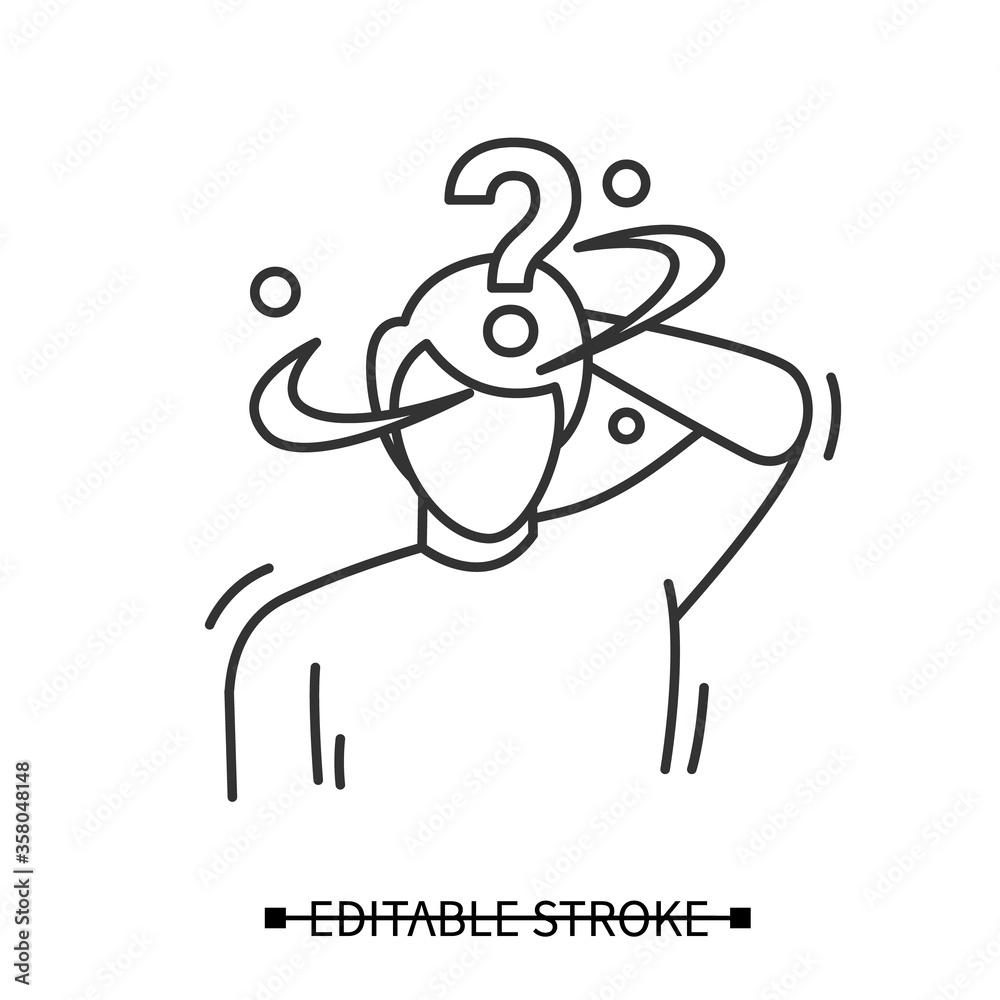 Confusion icon. Confused and dizzy lost man under question sign linear ...