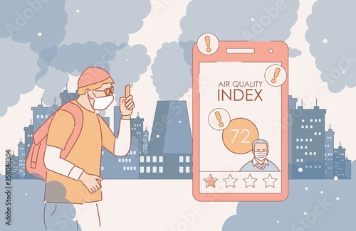 Young man wearing protective face mask and walking near factory pipes checking air quality index on smartphone vector cartoon outline illustration. Air pollution, city smog, fine dust concept.
