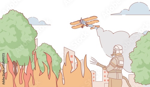 Firefighter in uniform and helmet trying to put out fire vector outdoor illustration. Fire plane extinguishes fire from the air. Fireman extinguishing fire in urban park cartoon outline concept