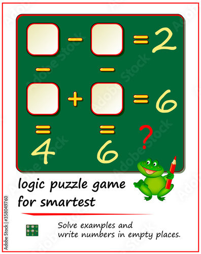 Mathematical logic puzzle game for smartest. Solve examples and write numbers in empty places. Printable page for brain teaser book. Math exercises for children and adults on addition and subtraction.