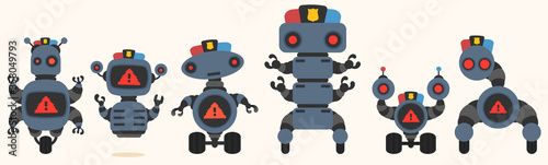 Security retro robots collection.Vector illustration of retro robots with alert concept.