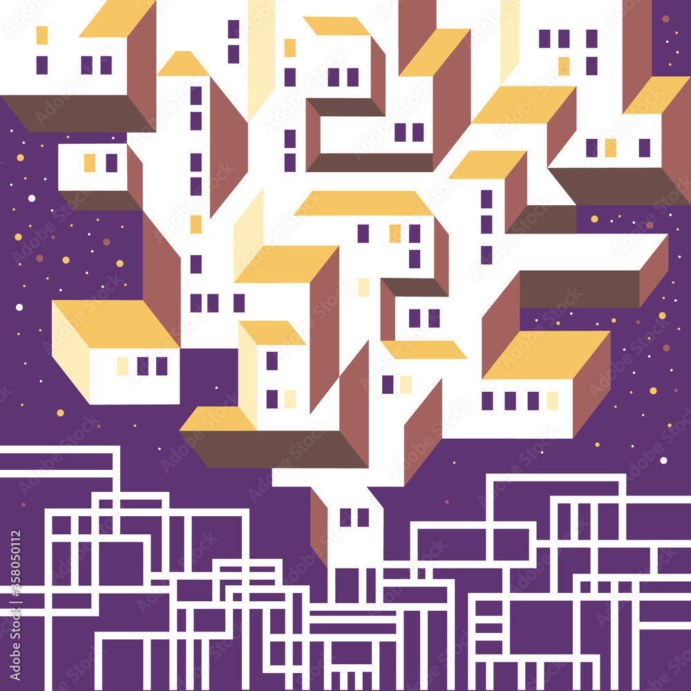 Vector illustration city with night, sky, stars in flat design. Urban landscape. Futuristic city. City communications.