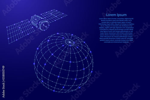 Satellite artificial is flying over the globe from futuristic polygonal blue lines and glowing stars for banner, poster, greeting card. Vector illustration.