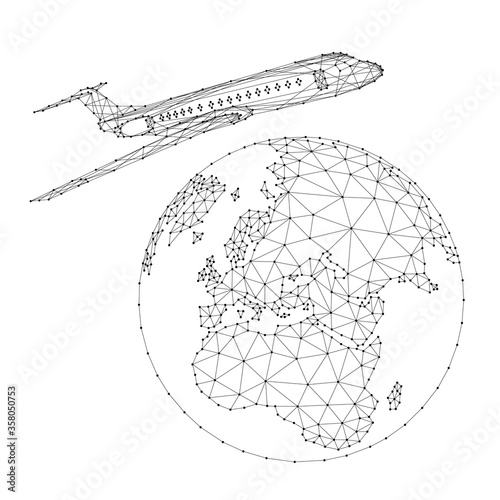Airplane is flying around the globe from abstract futuristic polygonal black lines and dots. Vector illustration.