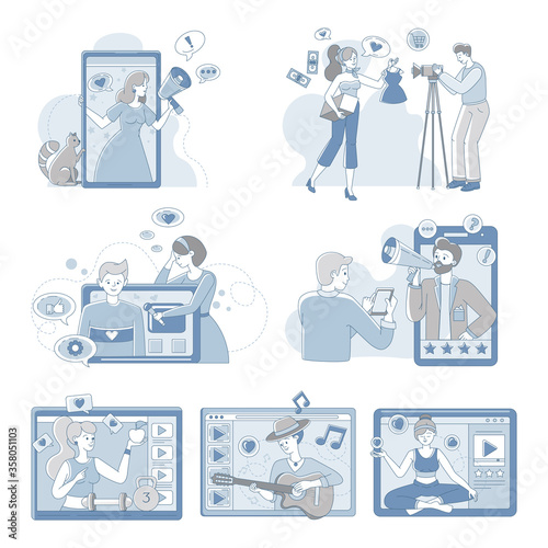 Video bloggers and vloggers people making content for internet vector cartoon outline illustration. People creating videos for blogs about fashion, healthy lifestyle, sport, meditation, music.