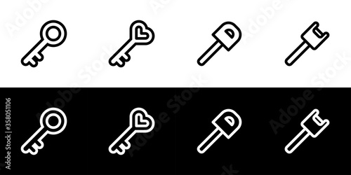 Key icon set. Flat design icon collection isolated on black and white background.