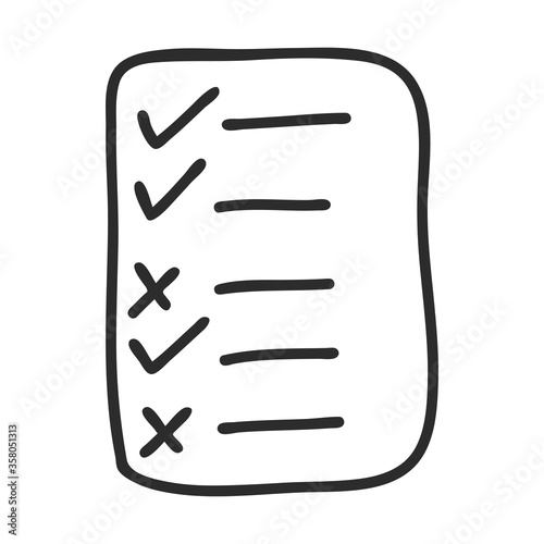 A Doodle-style to-do list. A check-list to mark a task as completed. The icon is hand-drawn and isolated on a white background. Black and white vector illustration.