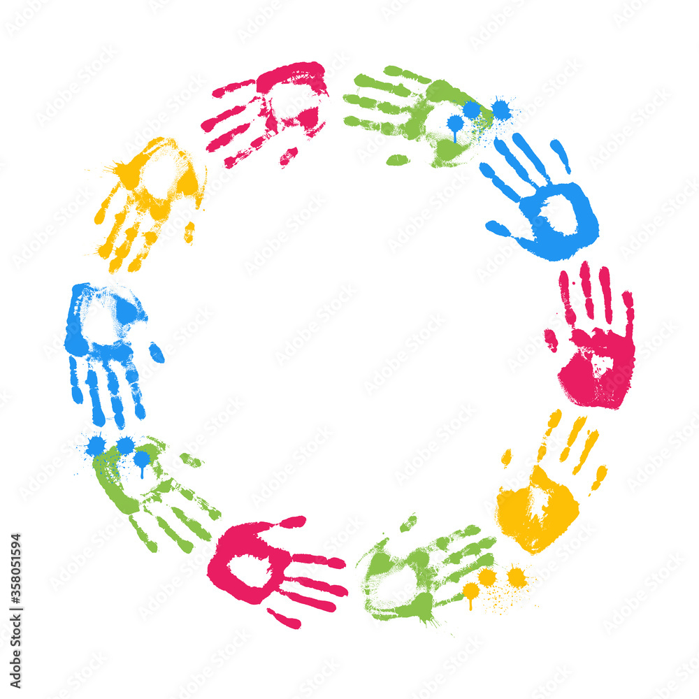 Fototapeta premium Wreath made from colorful handprints isolated on white background. Brignt circle frame with hands.