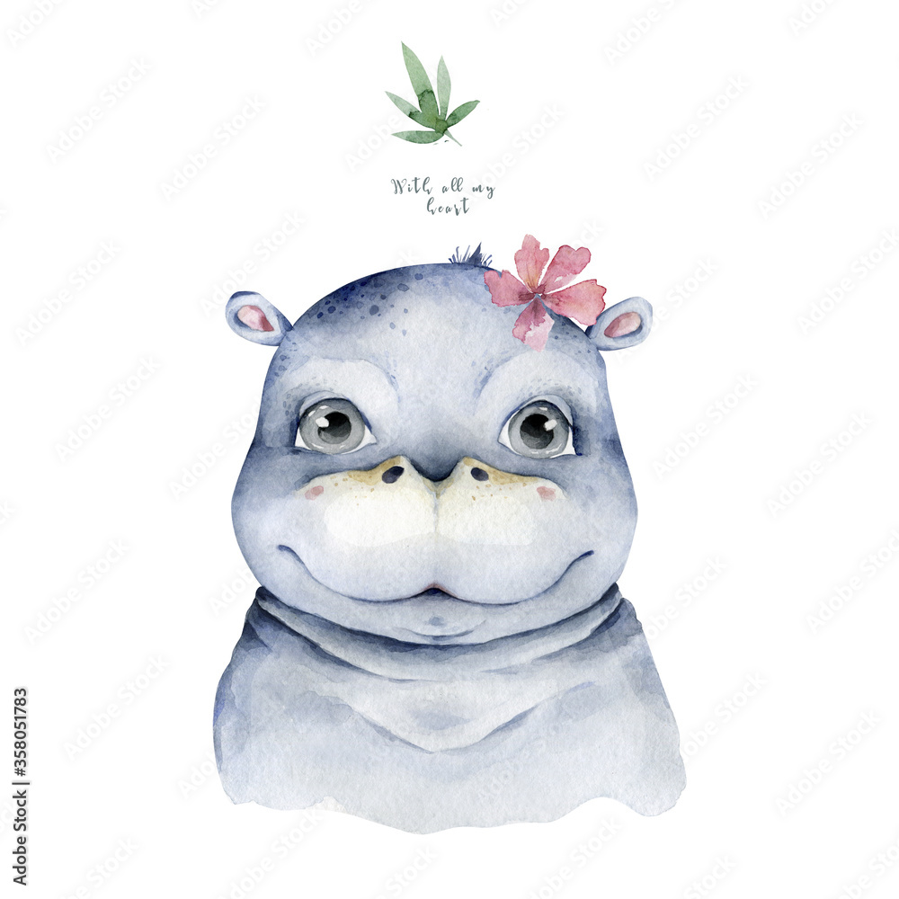 Hand drawn cute isolated tropical summer watercolor hippo animals. Baby cartoon animal illustrations, jungle tree and leaves, brazil trendy design.