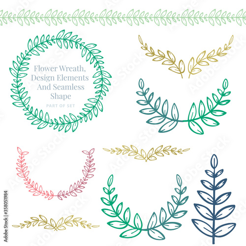 Hand drawn flower wreath, design elements and seamless shape pattern brushes set. One style floral design elements collection. 