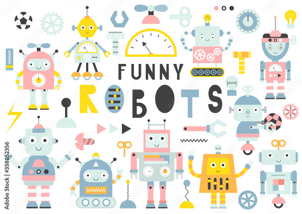 Set of cute robots, transformers and tools isolated on white background. Robotics for kids. Vector illustration. Lettering Funny robots.
