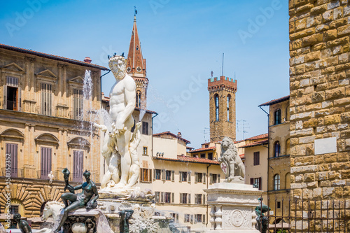 Piazza della Signoria and Fountain of Neptune in Florence. Piazza della Signoria is the square in front of the Palazzo Vecchio, gateway to Uffizi Gallery, and Loggia della Signoria photo