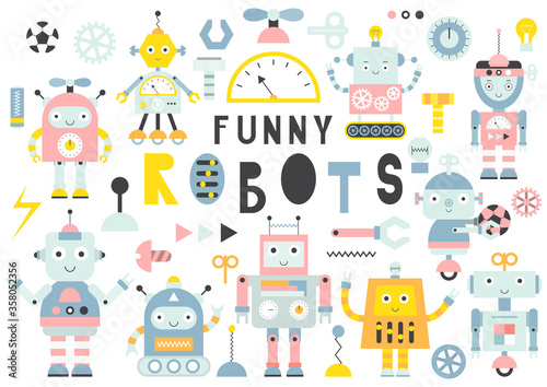 Set of cute robots  transformers and tools isolated on white background. Robotics for kids. Vector illustration. Lettering Funny robots.
