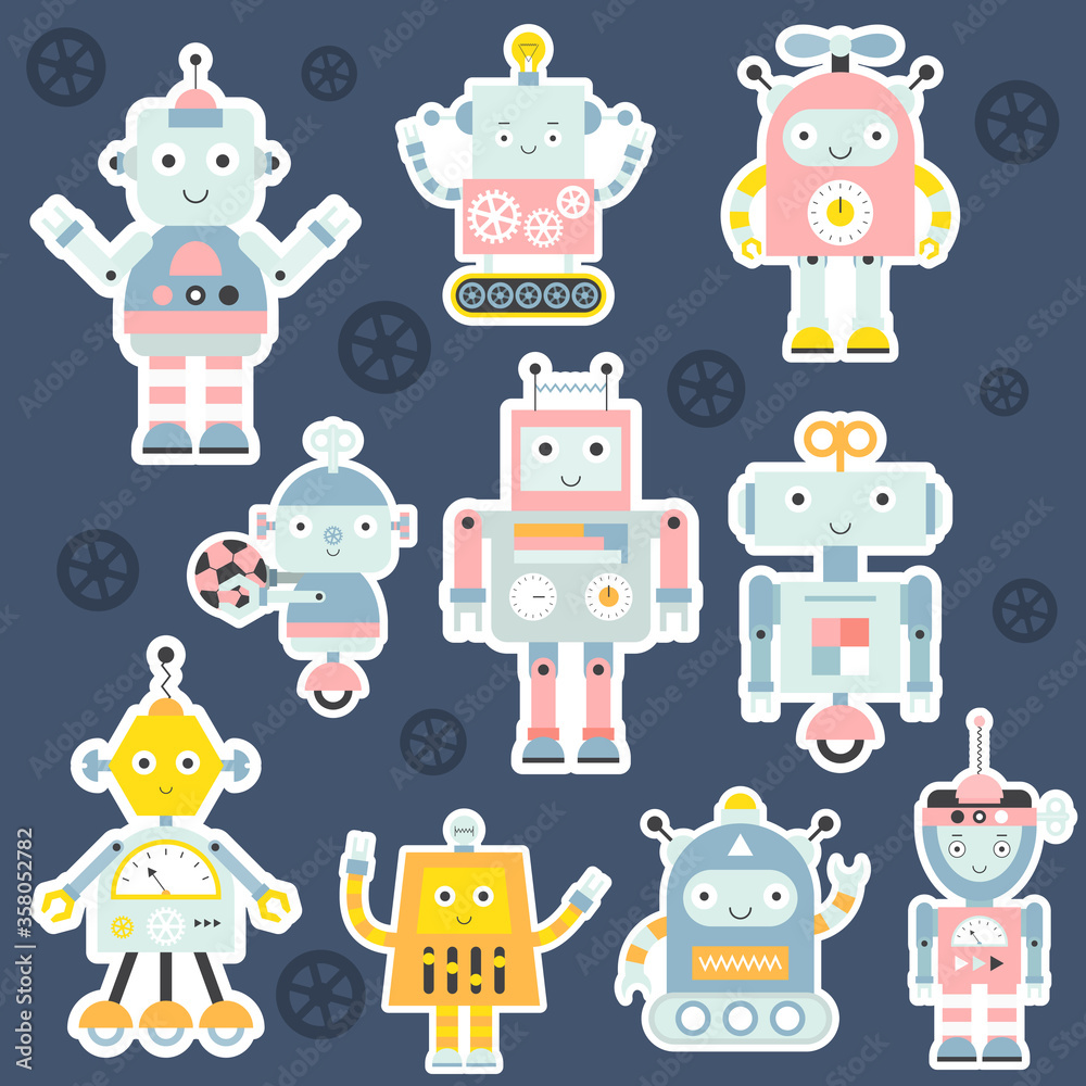 Set of cute robot and transformer characters in stickers set. Robotics for kids. Vector illustration. Set of cute robot and transformer characters in stickers set. Robotics for kids. Vector illustration.