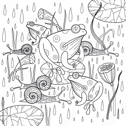 Frogs and snails under rain coloring page. Outline coloring page. Vector illustration for coloring.