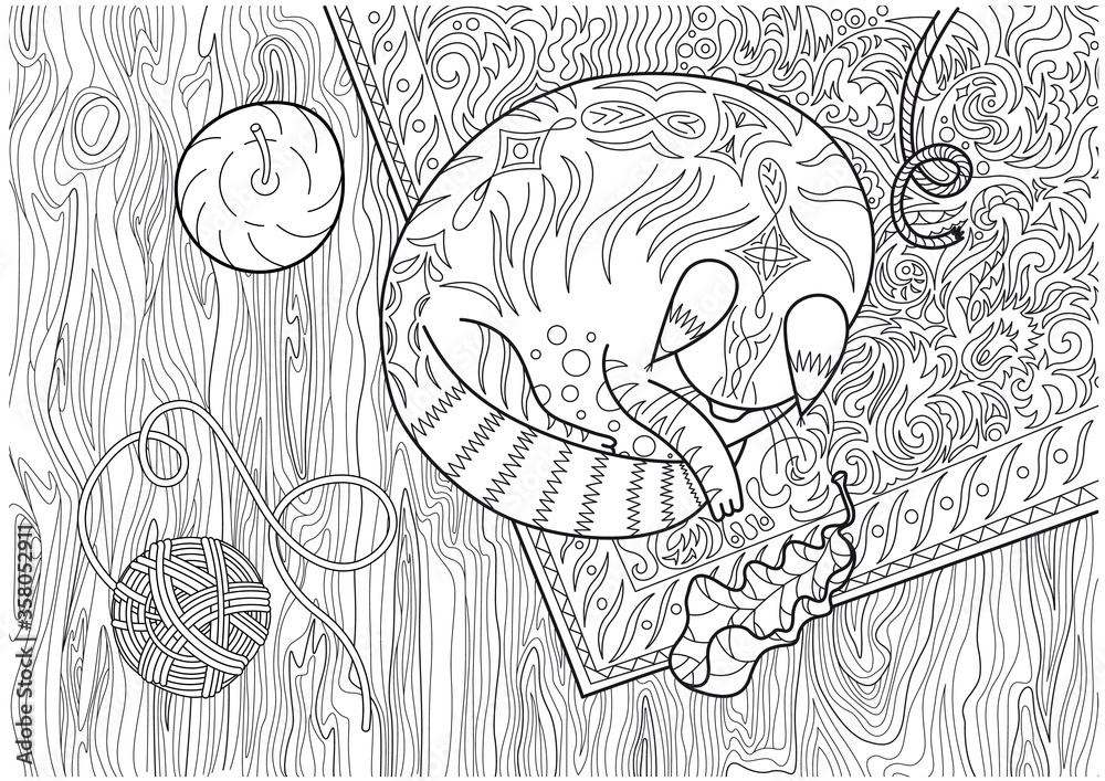 Coloring page with sleeping cat. Vector illustration for coloring