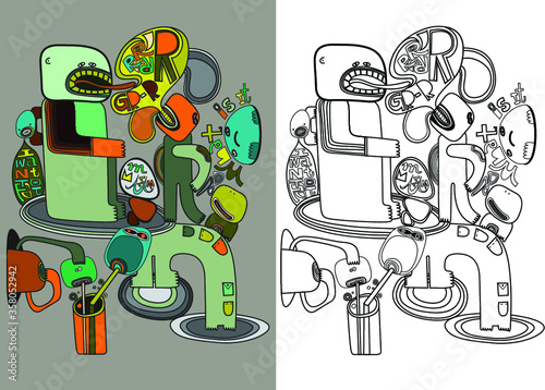 Coloring page with strange monsters. Vector illustration for coloring. Outlined coloring page.