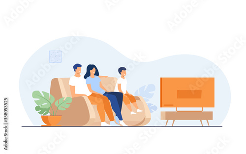 Happy family watching TV together flat vector illustration. Cartoon mother, father and kid sitting on couch or sofa at home and watching movie. Lifestyle and entertainment concept